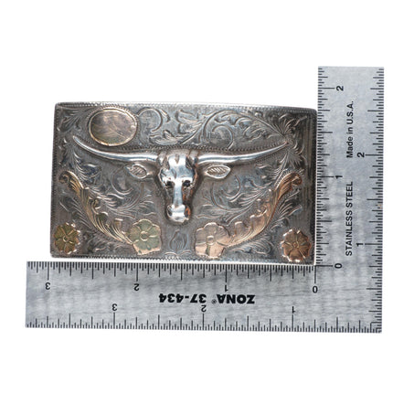 1.5" Vintage 18k gold/Sterling silver bull head engraved Mexican belt buckle