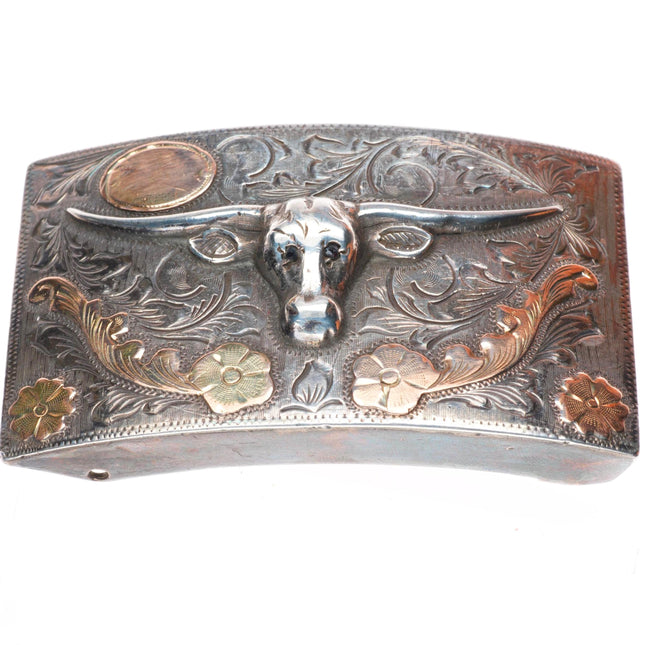 1.5" Vintage 18k gold/Sterling silver bull head engraved Mexican belt buckle