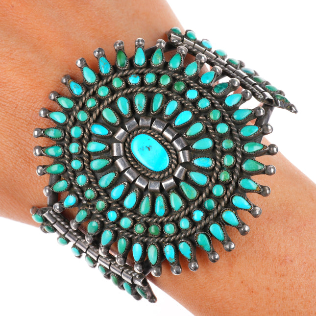 6.9" c1940's Zuni sterling silver petit point turquoise cluster cuff bracelet