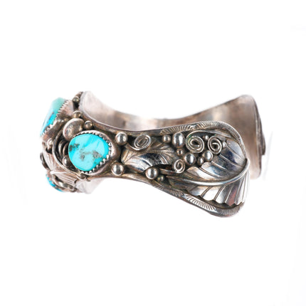 6.9" PM Navajo sterling silver intricate featherwork turquoise cuff bracelet