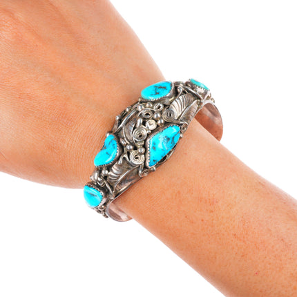 6.9" PM Navajo sterling silver intricate featherwork turquoise cuff bracelet