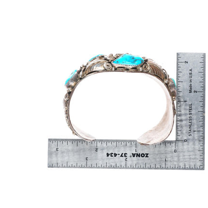 6.9" PM Navajo sterling silver intricate featherwork turquoise cuff bracelet