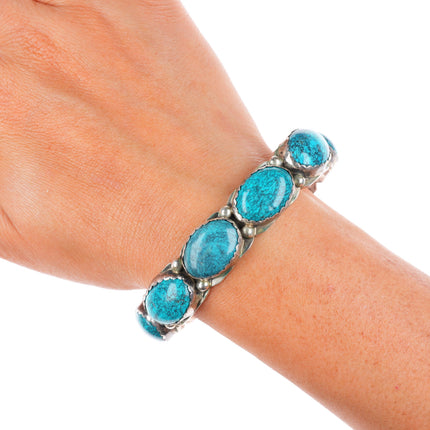 7" L Yazzie Navajo sterling silver spiderweb turquoise row cuff bracelet