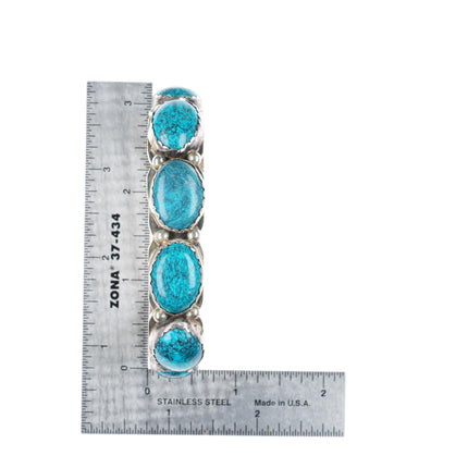 7" L Yazzie Navajo sterling silver spiderweb turquoise row cuff bracelet