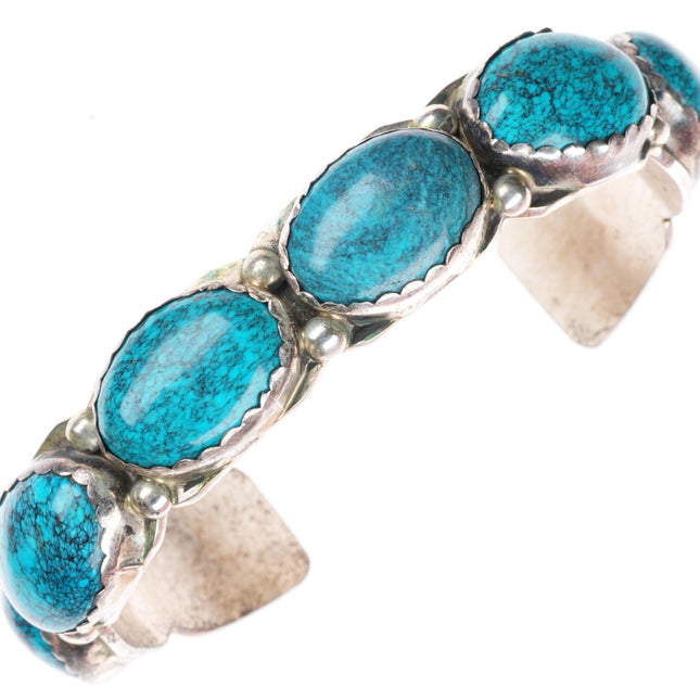 7" L Yazzie Navajo sterling silver spiderweb turquoise row cuff bracelet