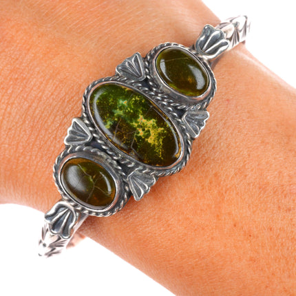 6.2" c1940 Navajo deep stamped carinated sterling silver turquoise cuff bracelet