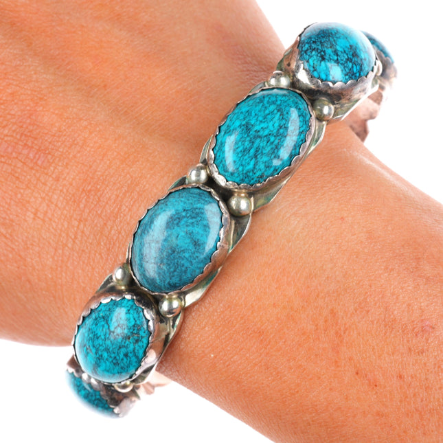 7" L Yazzie Navajo sterling silver spiderweb turquoise row cuff bracelet