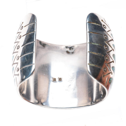 6.9 Vintage RS Navajo sterling silver wide turquoise chip inlay cuff bracelet
