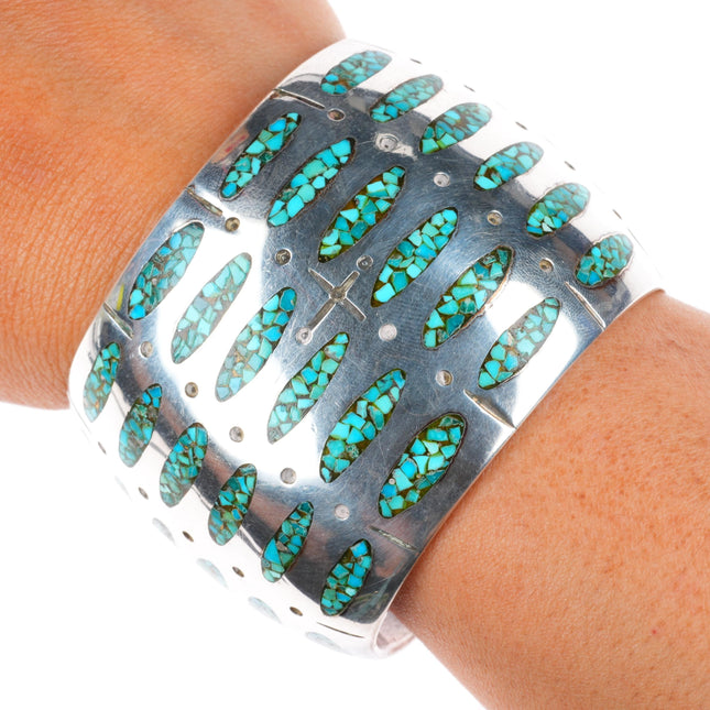 6.9 Vintage RS Navajo sterling silver wide turquoise chip inlay cuff bracelet