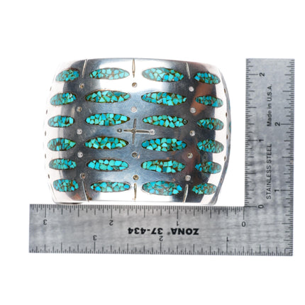 6.9 Vintage RS Navajo sterling silver wide turquoise chip inlay cuff bracelet