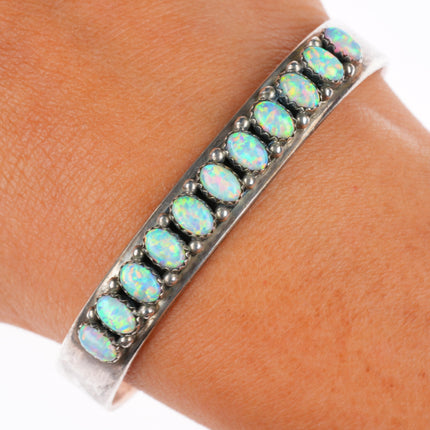 6.3" Paul Livingston Navajo sterling silver lab opal row cuff bracelet
