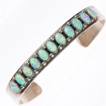 6.3" Paul Livingston Navajo sterling silver lab opal row cuff bracelet