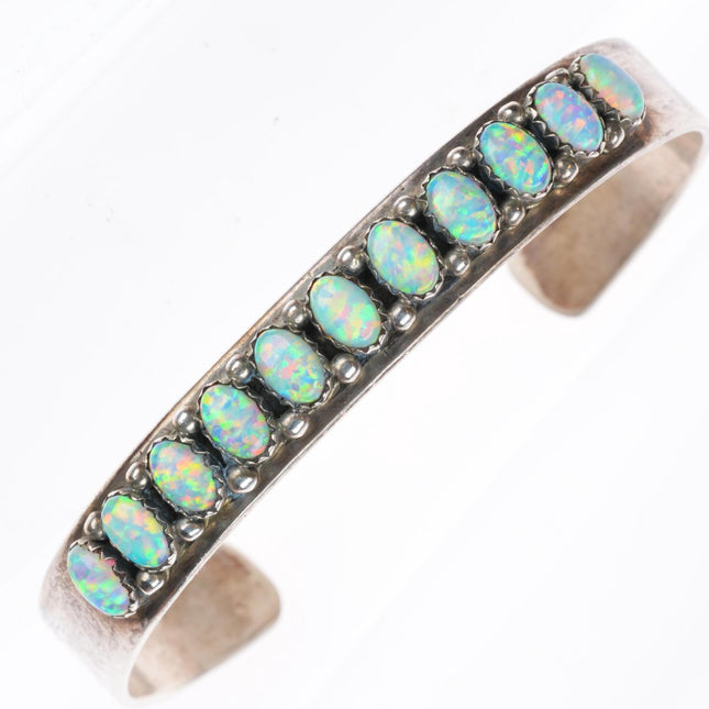 6.3" Paul Livingston Navajo sterling silver lab opal row cuff bracelet
