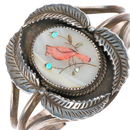 6.4" Vintage EL Navajo sterling silver redbird inlay shell cuff bracelet