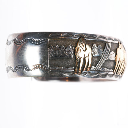 6.25" R Livingston Navajo sterling silver gold overlay horses cuff bracelet