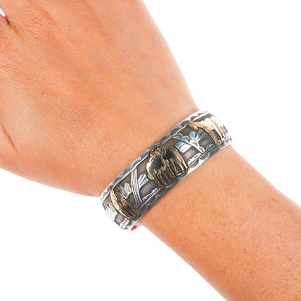 6.25" R Livingston Navajo sterling silver gold overlay horses cuff bracelet