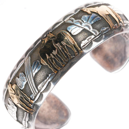 6.25" R Livingston Navajo sterling silver gold overlay horses cuff bracelet