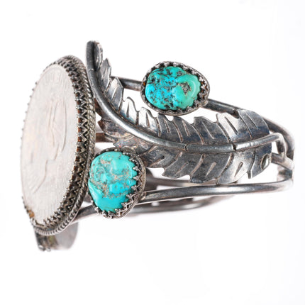 7.25" Vintage Navajo sterling silver turquoise dollar cuff bracelet