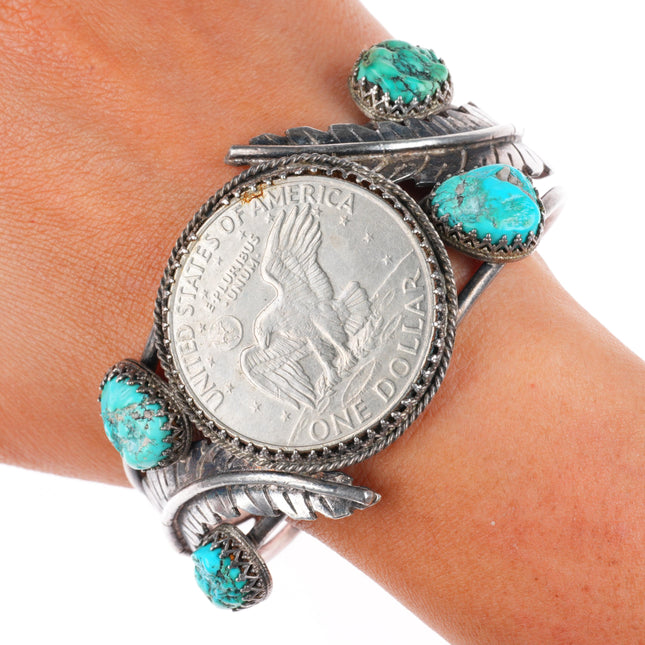 7.25" Vintage Navajo sterling silver turquoise dollar cuff bracelet