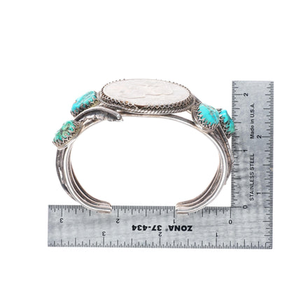 7.25" Vintage Navajo sterling silver turquoise dollar cuff bracelet