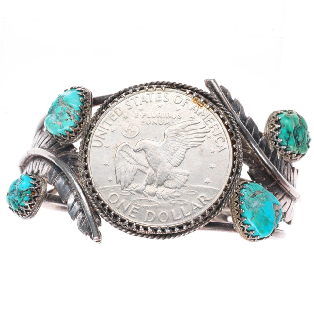 7.25" Vintage Navajo sterling silver turquoise dollar cuff bracelet
