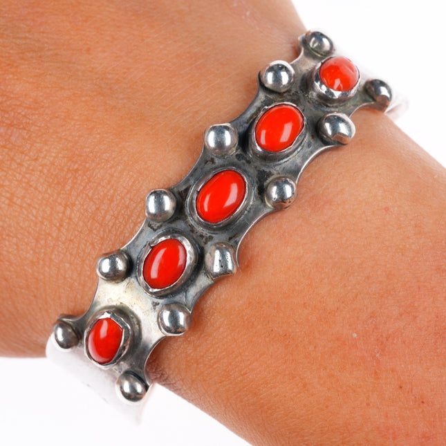 6.5" Vintage Navajo sterling silver coral row cuff bracelet w/stamped sides