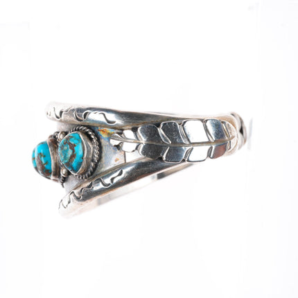 6.35" Vintage Navajo sterling silver turquoise row cuff bracelet stamped edges