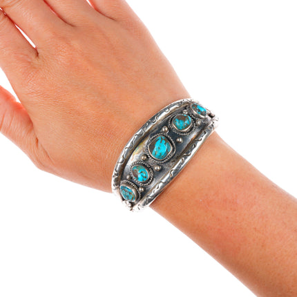 6.35" Vintage Navajo sterling silver turquoise row cuff bracelet stamped edges