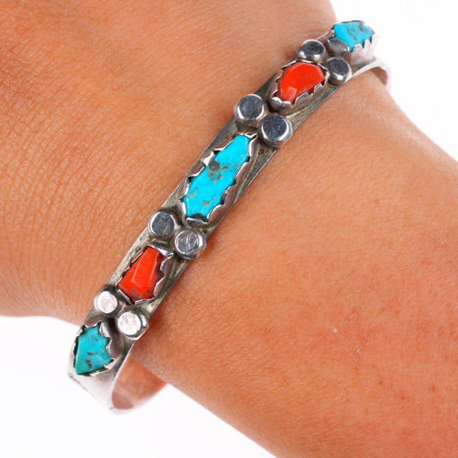 6.5" Vintage Zuni sterling silver carved turquoise/coral cuff bracelet