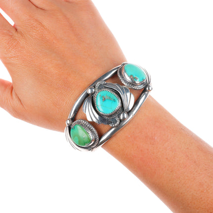 6.5" Vintage Navajo sterling silver 3 stone turquoise cuff bracelet