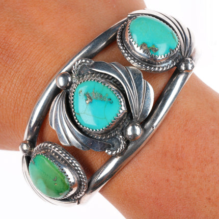 6.5" Vintage Navajo sterling silver 3 stone turquoise cuff bracelet