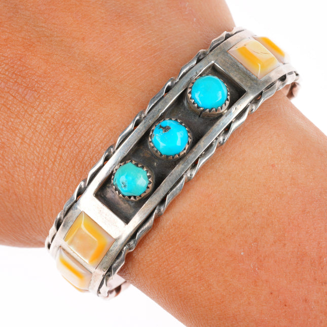 6.25" Myron Panteah Zuni sterling silver turquoise and shell cuff bracelet