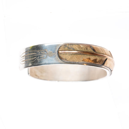 6.5" Mark Yazzie Navajo sterling silver gold overlay feather cuff bracelet