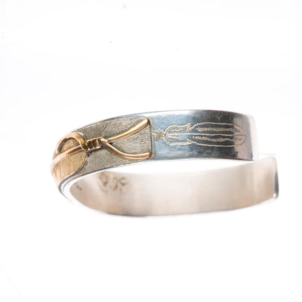 6.5" Mark Yazzie Navajo sterling silver gold overlay feather cuff bracelet