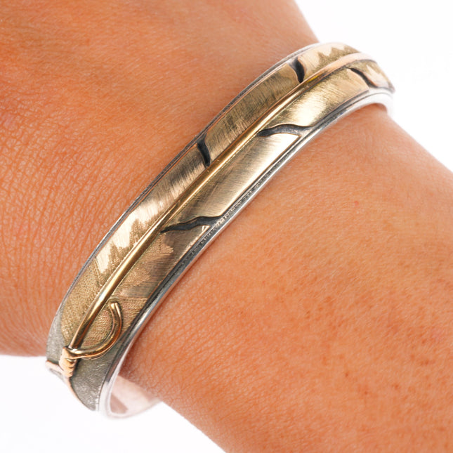 6.5" Mark Yazzie Navajo sterling silver gold overlay feather cuff bracelet