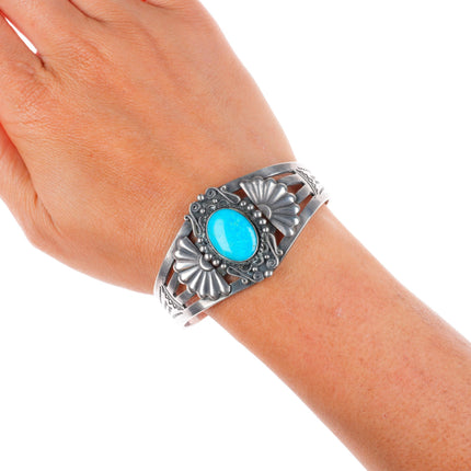 6.5" c1950's Fred Harvey style sterling silver cuff bracelet with turquoise