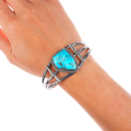 6.9" Vintage Navajo sterling silver stamped cuff bracelet with nice turquoise