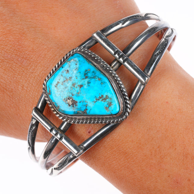 6.9" Vintage Navajo sterling silver stamped cuff bracelet with nice turquoise