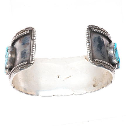 7.25" Joe Tom Navajo vintage sterling silver wide turquoise row cuff bracelet
