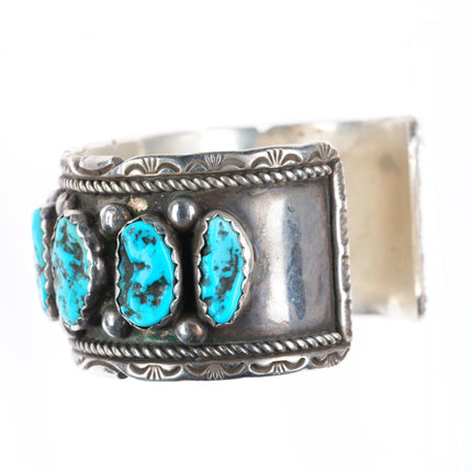 7.25" Joe Tom Navajo vintage sterling silver wide turquoise row cuff bracelet