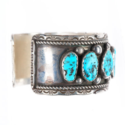7.25" Joe Tom Navajo vintage sterling silver wide turquoise row cuff bracelet