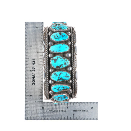 7.25" Joe Tom Navajo vintage sterling silver wide turquoise row cuff bracelet