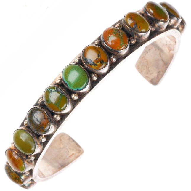 6.7" Dean Brown Navajo sturdy sterling silver green turquoise row cuff bracelet