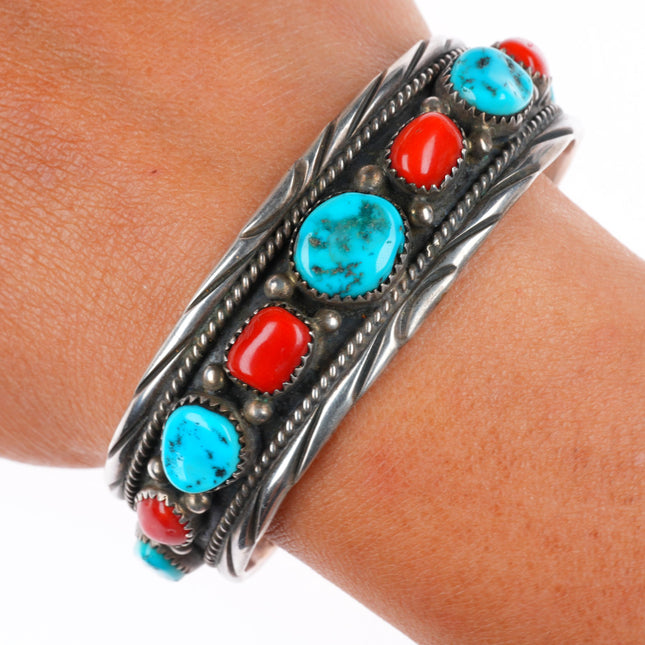 6.5" R Wylie Navajo vintage sterling silver turquoise/coral row cuff bracelet
