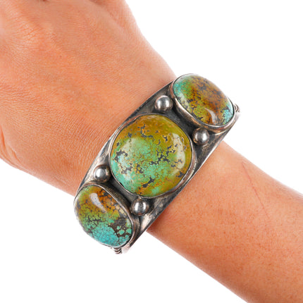 7.6" Heavy vintage southwestern sterling silver green turquoise cuff bracelet