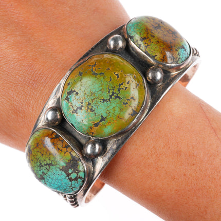7.6" Heavy vintage southwestern sterling silver green turquoise cuff bracelet