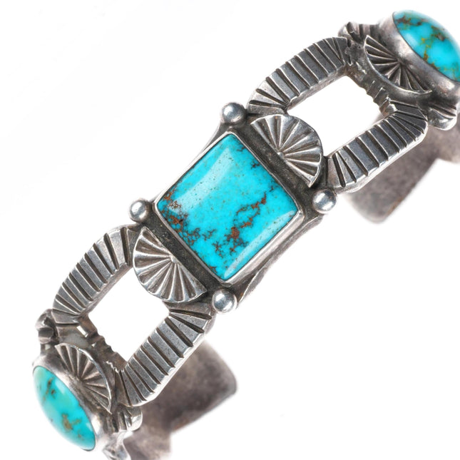 6.5" 30's-40's vintage Navajo sterling silver chiseled cuff bracelet w/turquoise