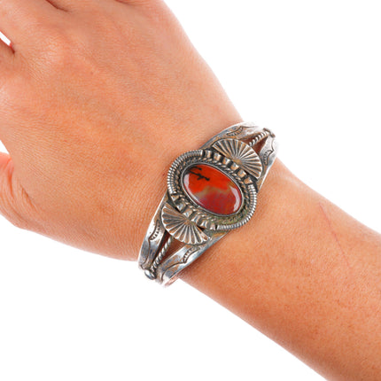 6.4" 1940's Vintage Navajo sterling silver petrified wood cuff bracelet