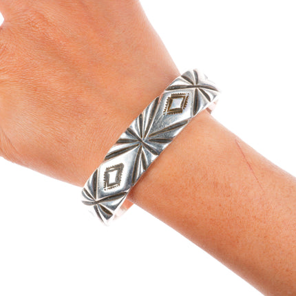 7.5" c1950 Mark Chee Navajo sterling silver deep stamped heavy cuff bracelet