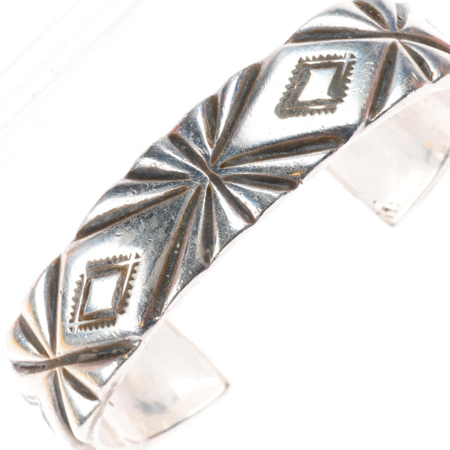 7.5" c1950 Mark Chee Navajo sterling silver deep stamped heavy cuff bracelet